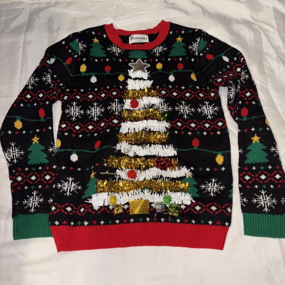 No Boundaries Ugly Christmas Sweater Tinsel Tree Juniors L 12-14 Holiday Party